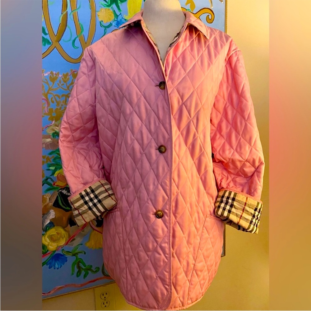 Burberry Pink Quilted Jacket Nova Check Lining Women’s Large - Picture 2 of 9